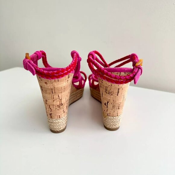 PRADA Strappy Suede Slingback Cork Wedge Sandals in Fuchsia Red Size 38.5 US 8.5 - Picture 4 of 10